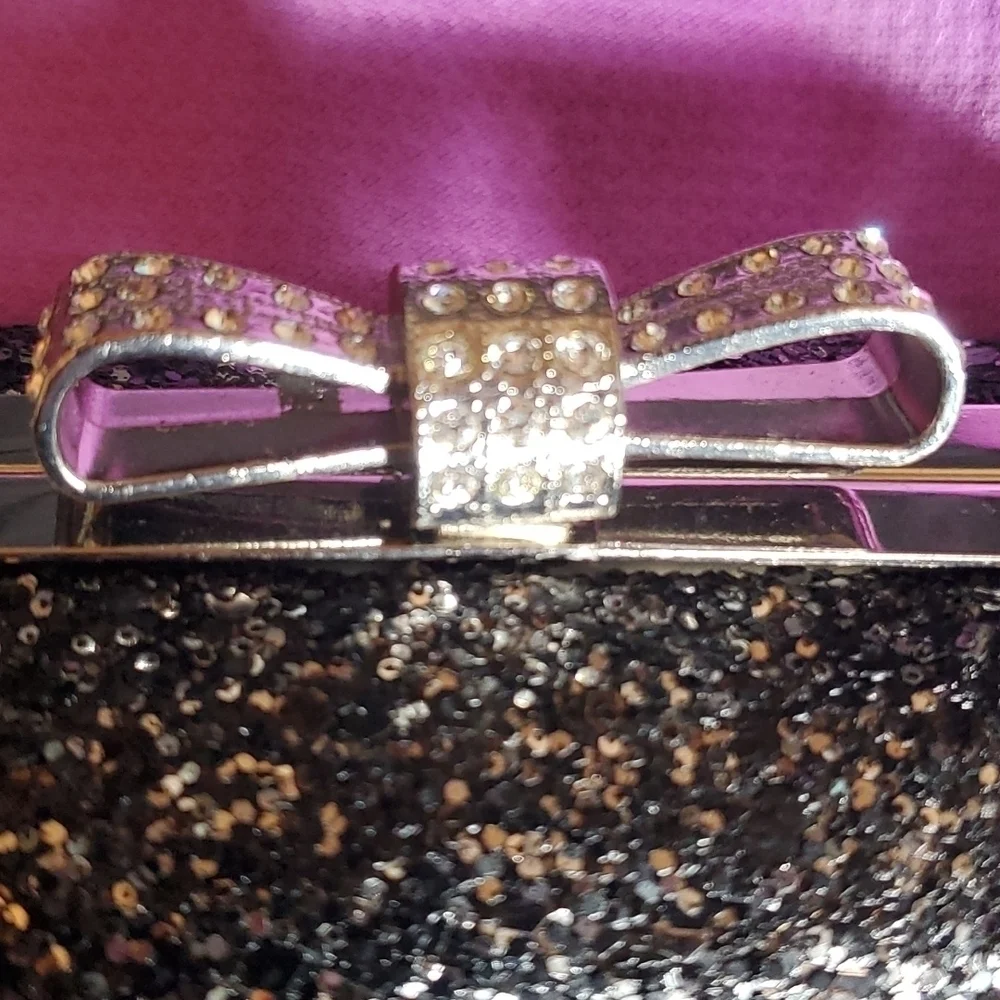 Vintage Black Silver Sequin Evening Bag with Chain